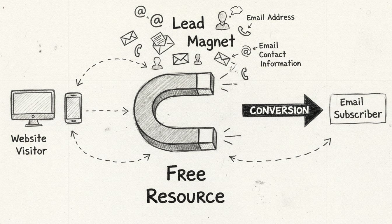 Diagramme conceptuel de lead magnet montrant un aimant attirant des icônes d’emails et des informations de contact avec un flux de conversion