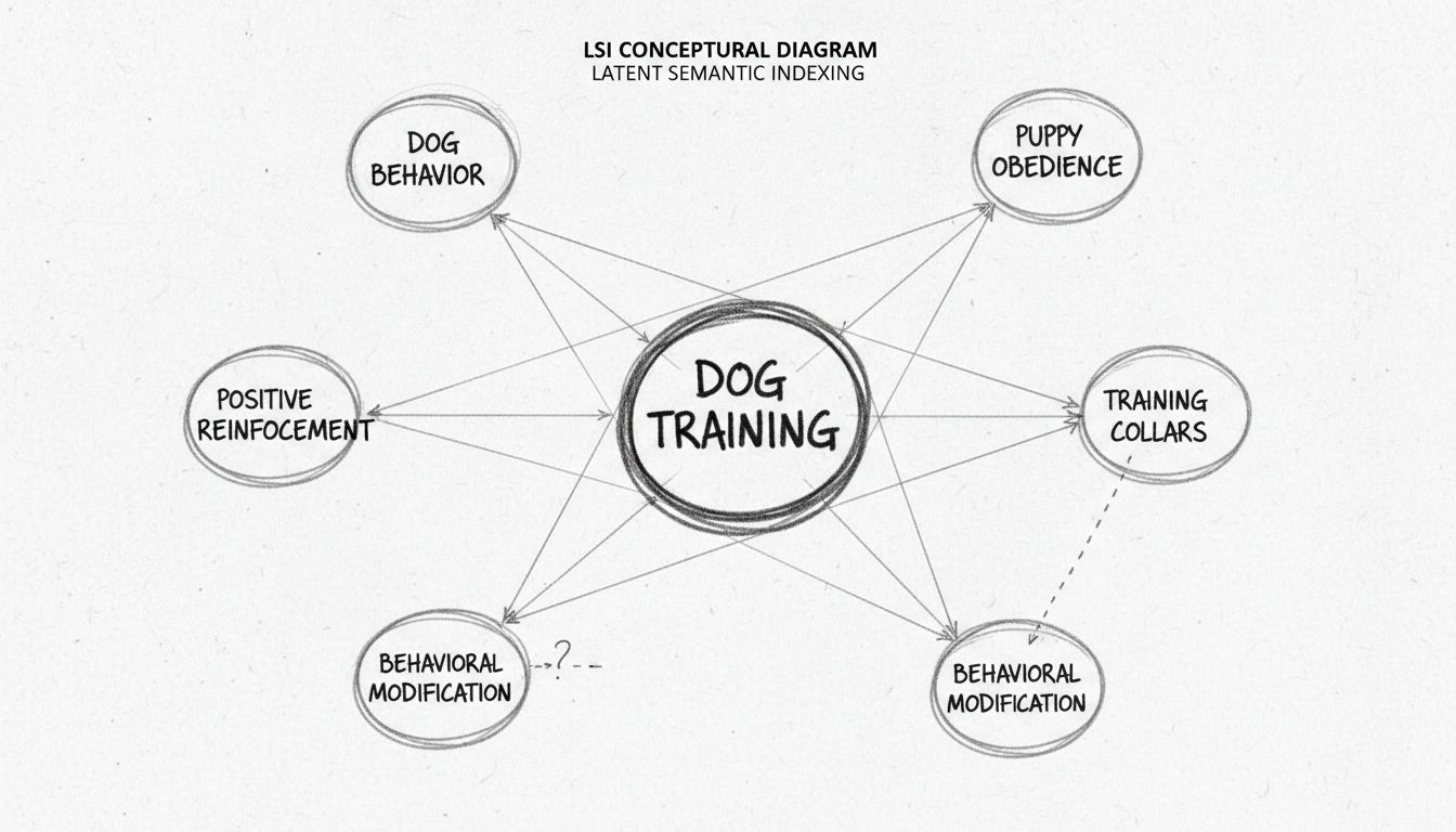 Diagramme de réseau de mots-clés sémantiques LSI montrant un mot-clé central relié à des termes associés