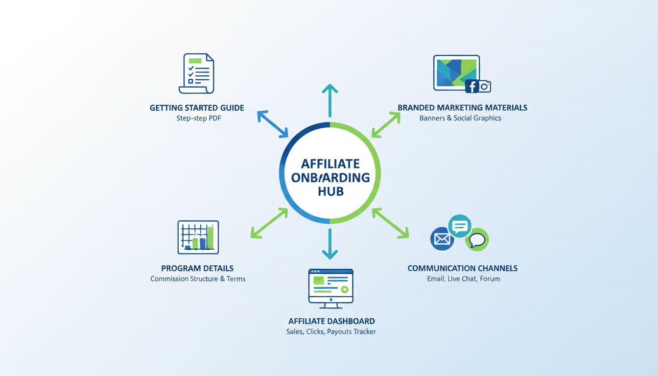 Infographie des ressources et matériaux d'intégration des affiliés montrant le Guide de démarrage, les supports marketing de marque, les détails du programme, les canaux de communication et le tableau de bord affilié