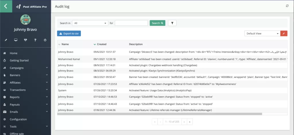 Post Affiliate Pro - journal d'audit