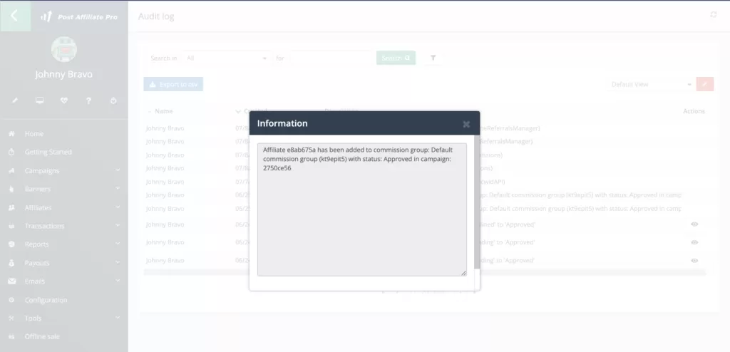 Informations du journal d’audit dans Post Affiliate Pro