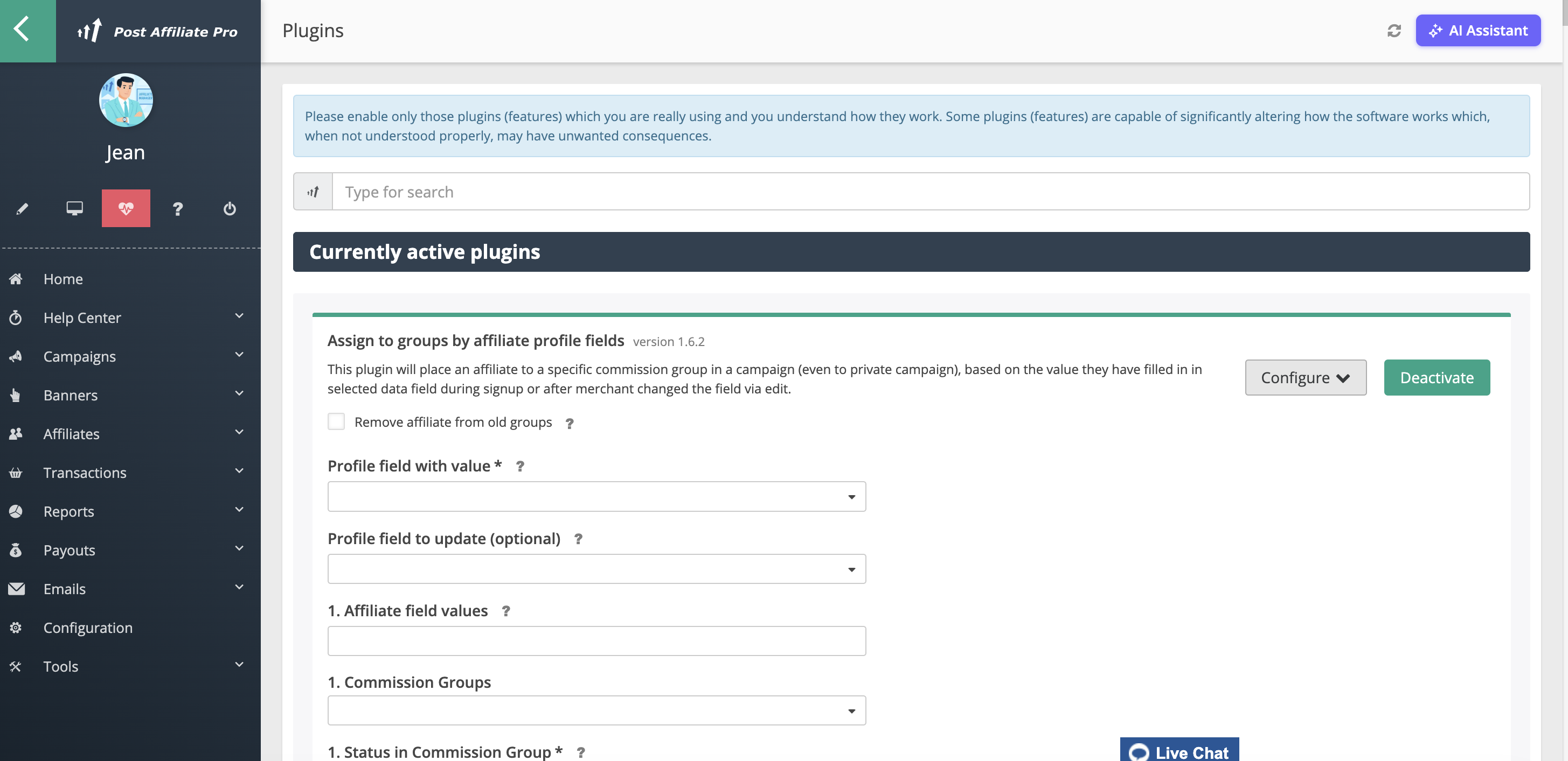 Post Affiliate Pro - Configuration du plugin Assign to Groups by Profile Fields