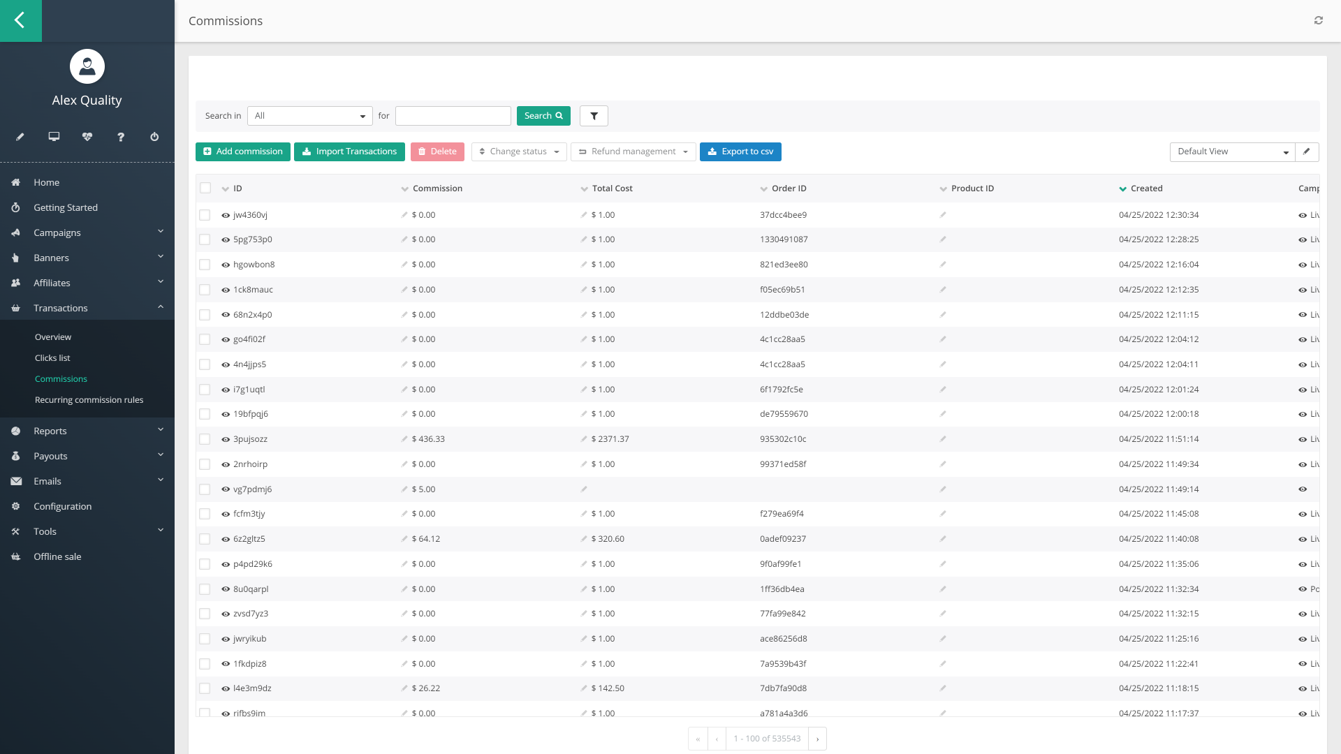 Aperçu des commissions dans Post Affiliate Pro