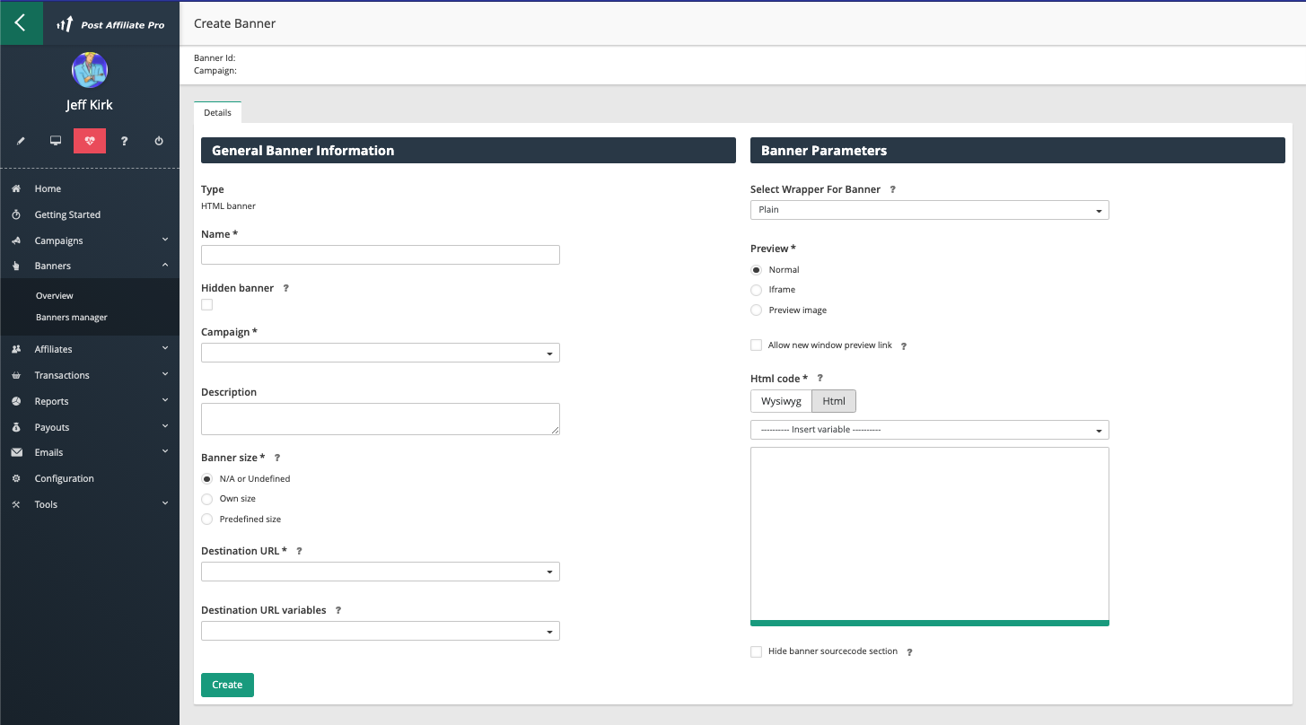 Post Affiliate Pro - Page de création de bannière