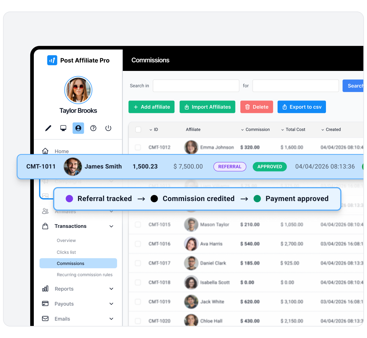 Application de suivi d'affiliation montrant les clics, les conversions et l'attribution précise des commissions.