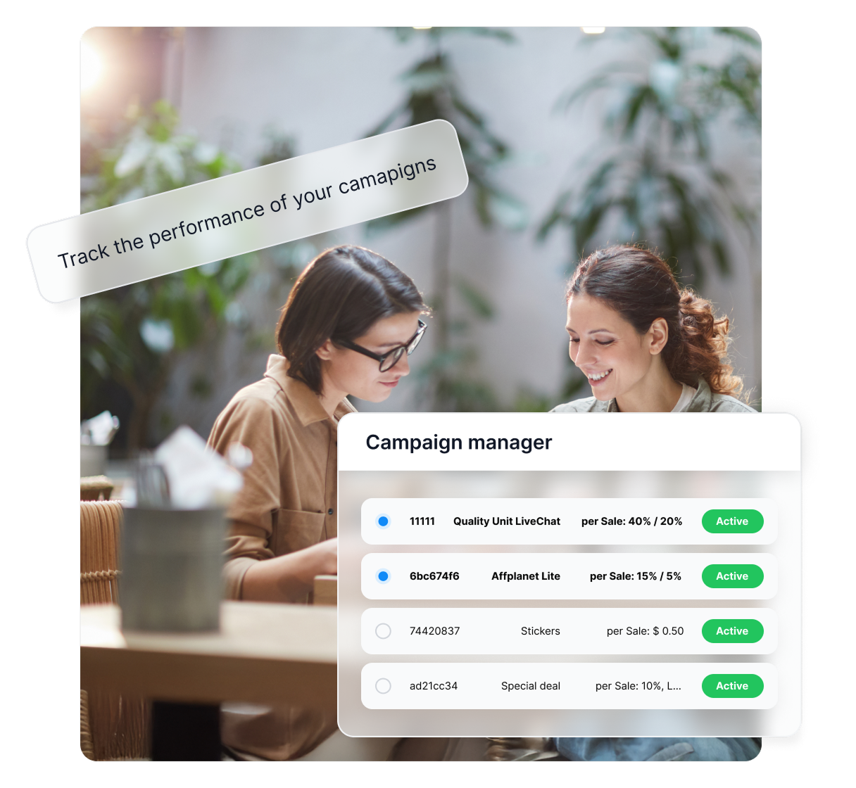 Fonction de rapports de campagne dans Post Affiliate Pro affichant les métriques de performance des affiliés et des supports promotionnels.