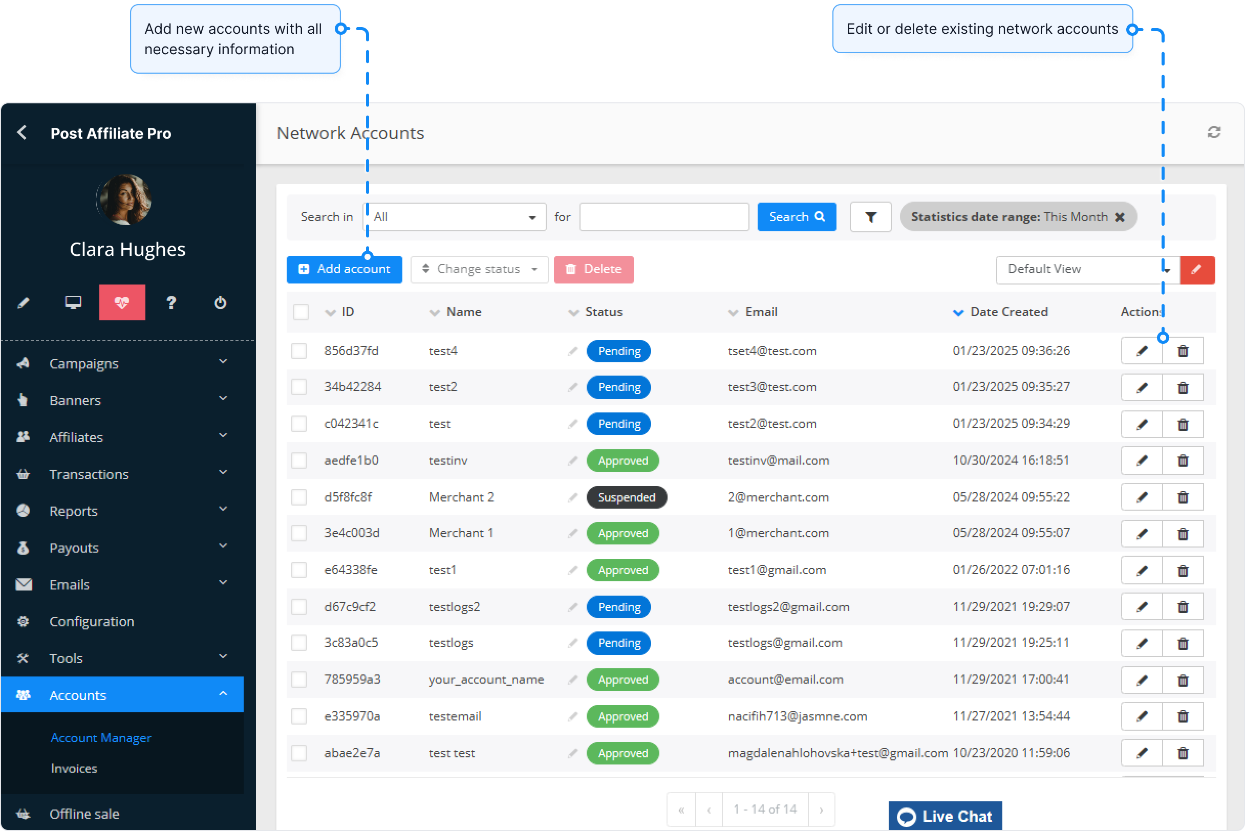 Aperçu de la fonctionnalité comptes réseau dans Post Affiliate Pro.