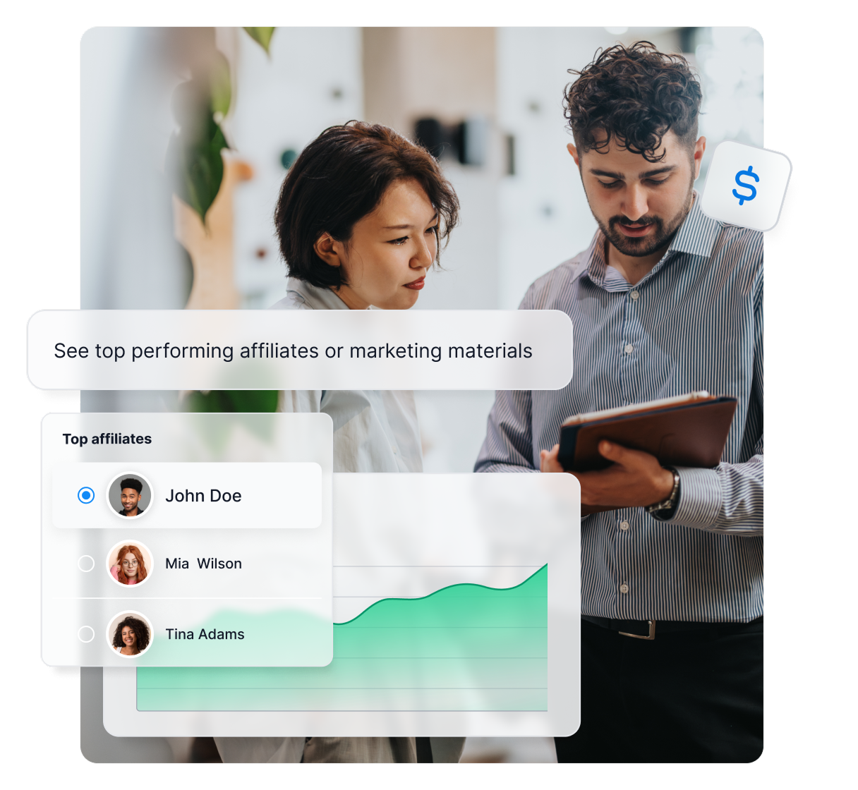 Fonctionnalité de rapports d'affiliés dans Post Affiliate Pro affichant les meilleurs affiliés, la performance des bannières et des métriques de campagne.